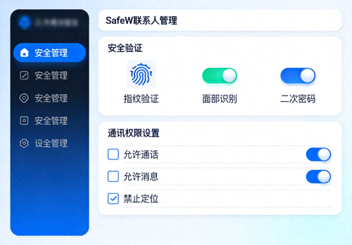 SafeW联系人管理界面，展示安全验证和通讯权限设置选项