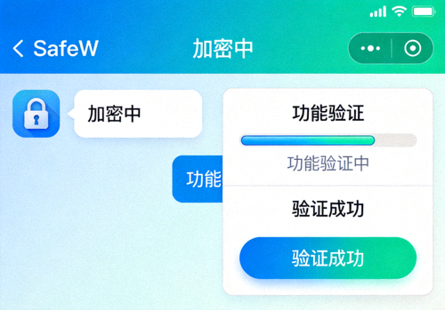 SafeW聊天界面测试截图，展示加密图标和功能验证过程