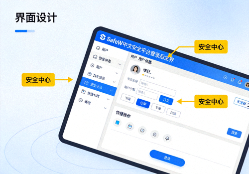 SafeW中文安全平台登录后主界面示意图，箭头指向安全中心入口